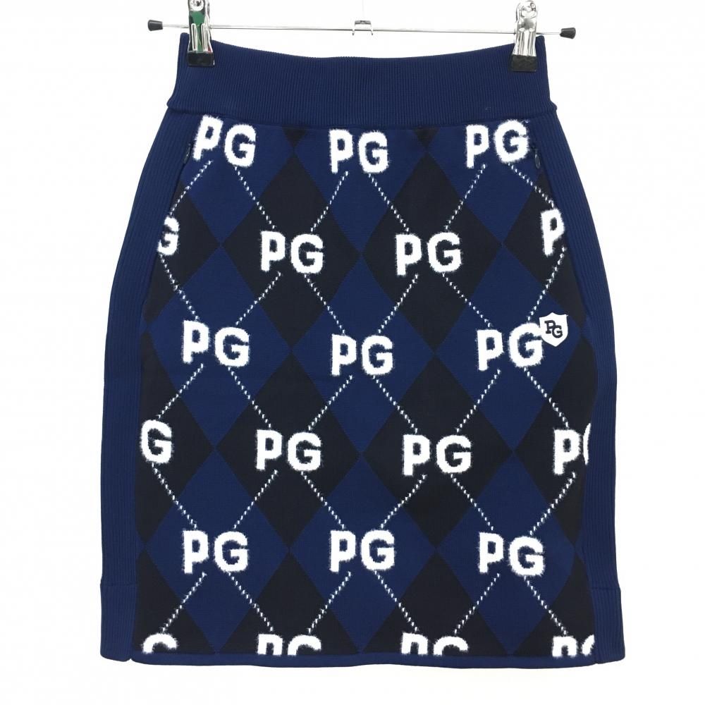 パーリーゲイツ ニットスカート ネイビー×白 ロゴ総柄 アーガイル レディース 0 S ゴルフウェア PEARLY GATES