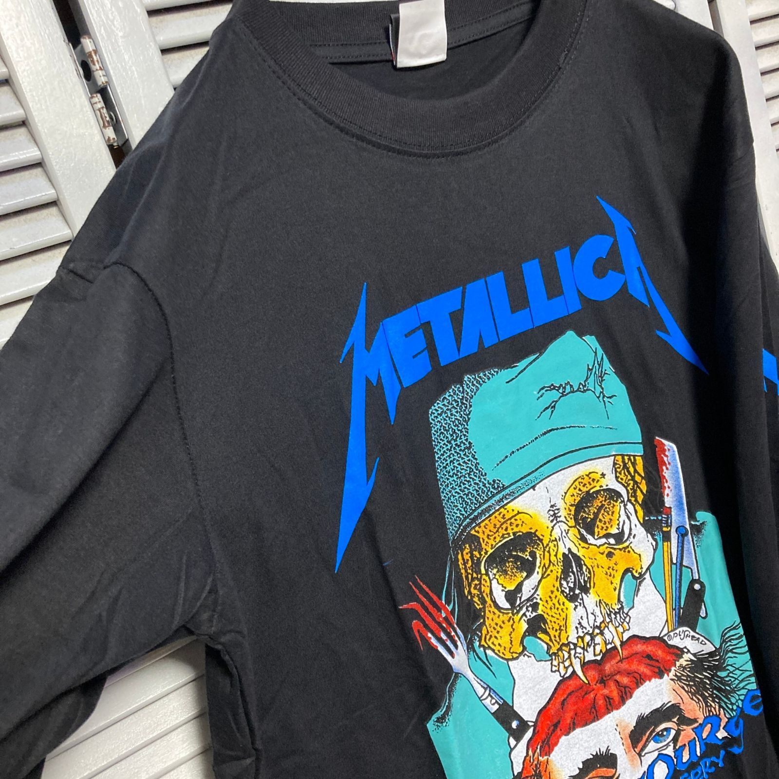 メタリカ METALLICA 黒 長袖 Tシャツ ロンT バンド ロングスリーブ デザイン 袖 両面 プリント 派手 奇抜 古着 ビンテージ vintage ロック パンク メタル ヒップホップ ラッパー アーティスト 7部袖 カットソー