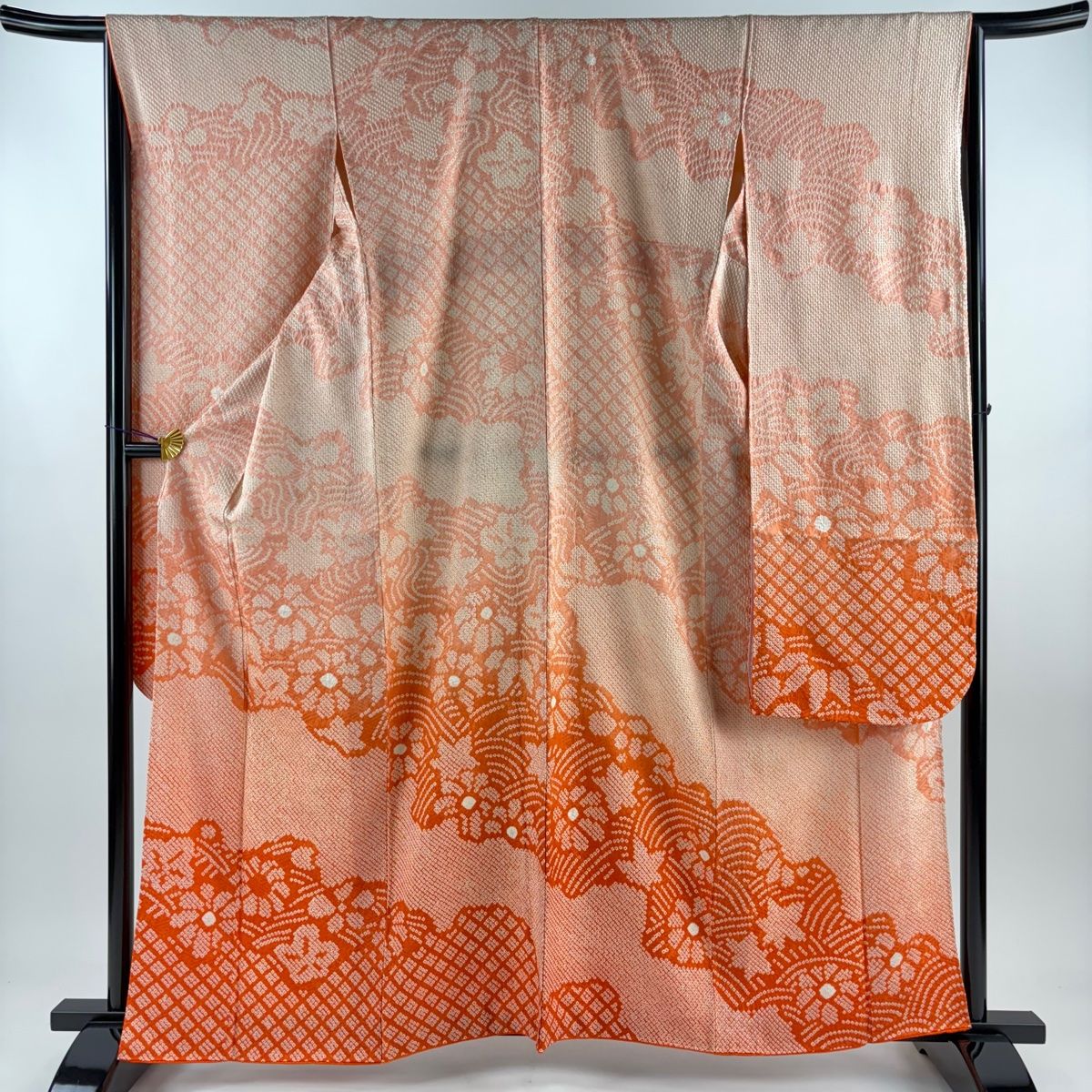 振袖 身丈162cm 裄丈66cm M 袷 草花 波 総絞り ぼかし オレンジ