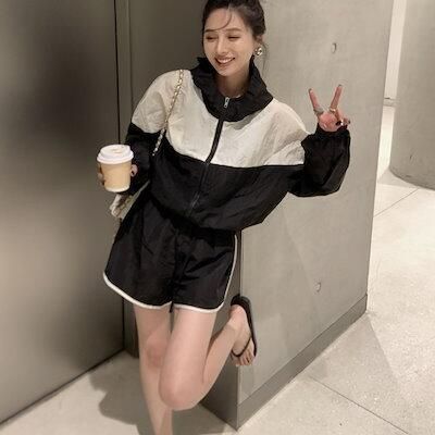 ナイロン セットアップ レディース 韓国 バイカラー パーカー