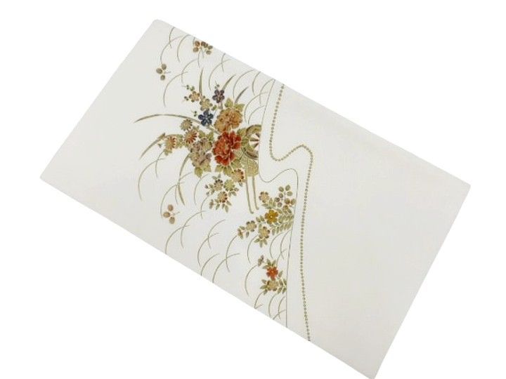 中古】名古屋帯 正絹 白地に梅模様 A5 梅の花模様 金糸 白色 六