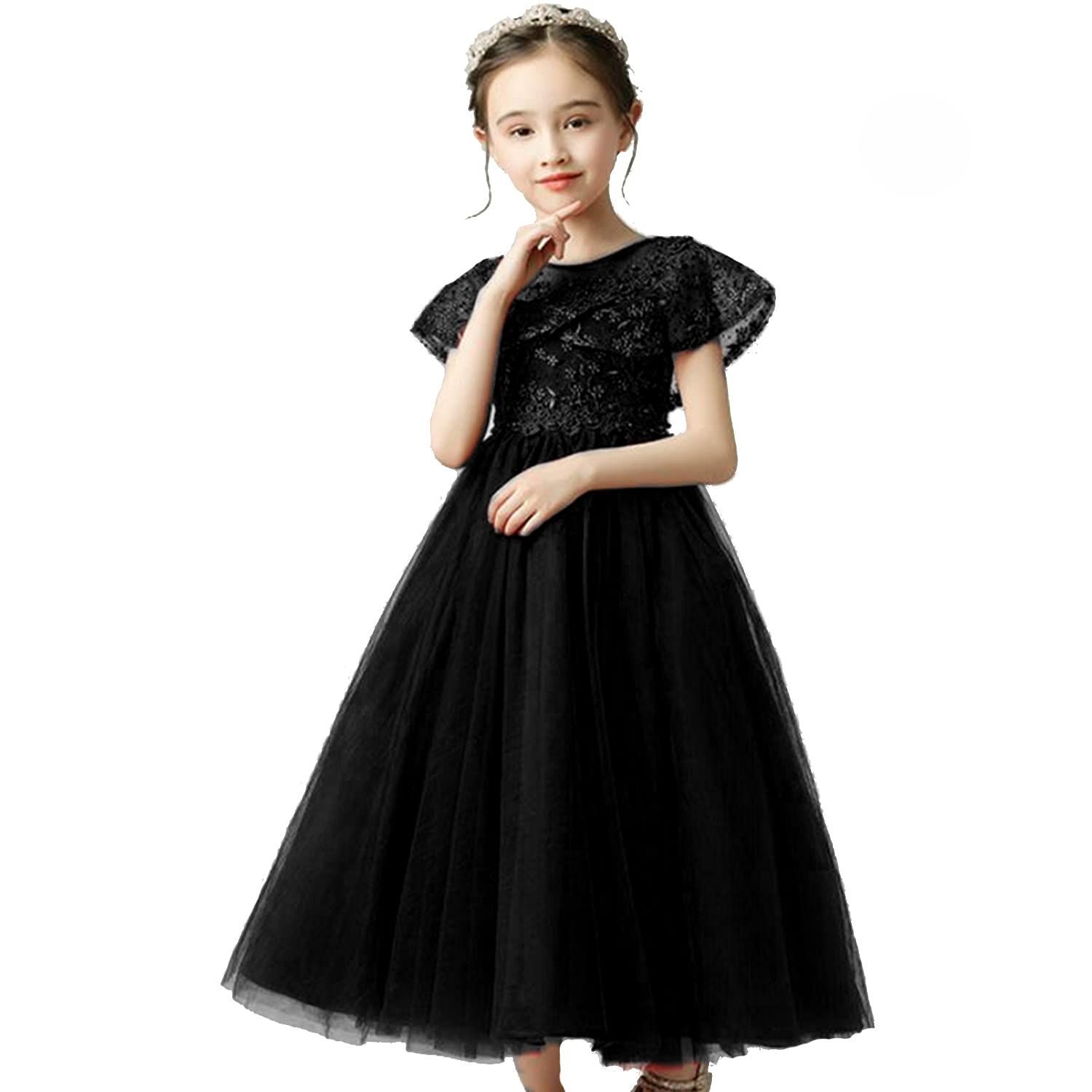 150_ブラック [VIISEN] 子供 ドレス キッズ ピアノ 発表会 ドレス 女の子 演奏会 ドレス ジュニアドレス フォーマル 結婚式 誕生日 花嫁介添人 パーディー 上品 刺繍 エレガント 子ども ドレス 110