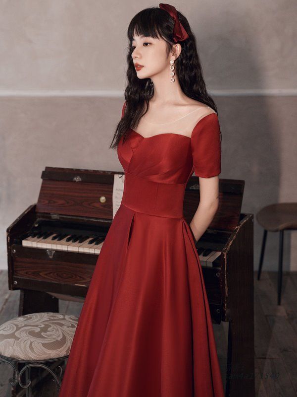 パーティードレス ロングドレス ドレス 赤 レッド サテン 発表会 成人式卒業式 花嫁 食事会 半袖 結婚式 二次会 Aラインドレス 謝恩会 演奏会 披露宴 am4a171540