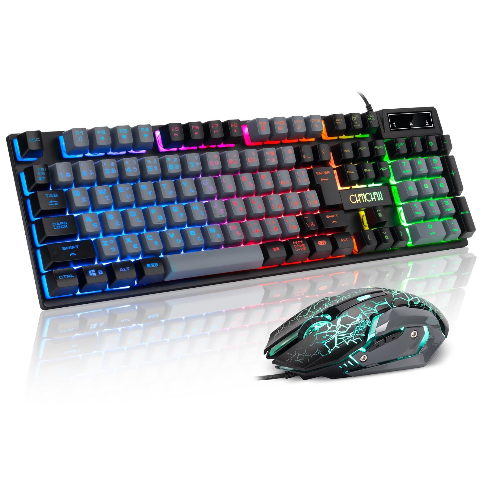 【新着商品】1913J PC/Windows/Mac対応 4段階DPI 七色LEDゲーミングマウス 防水 有線キーボード USB 19キー防衝突 LEDバックライト (1913J) 「無変換」/「変換」キー付き 日本語配列 107キー スイッチに対