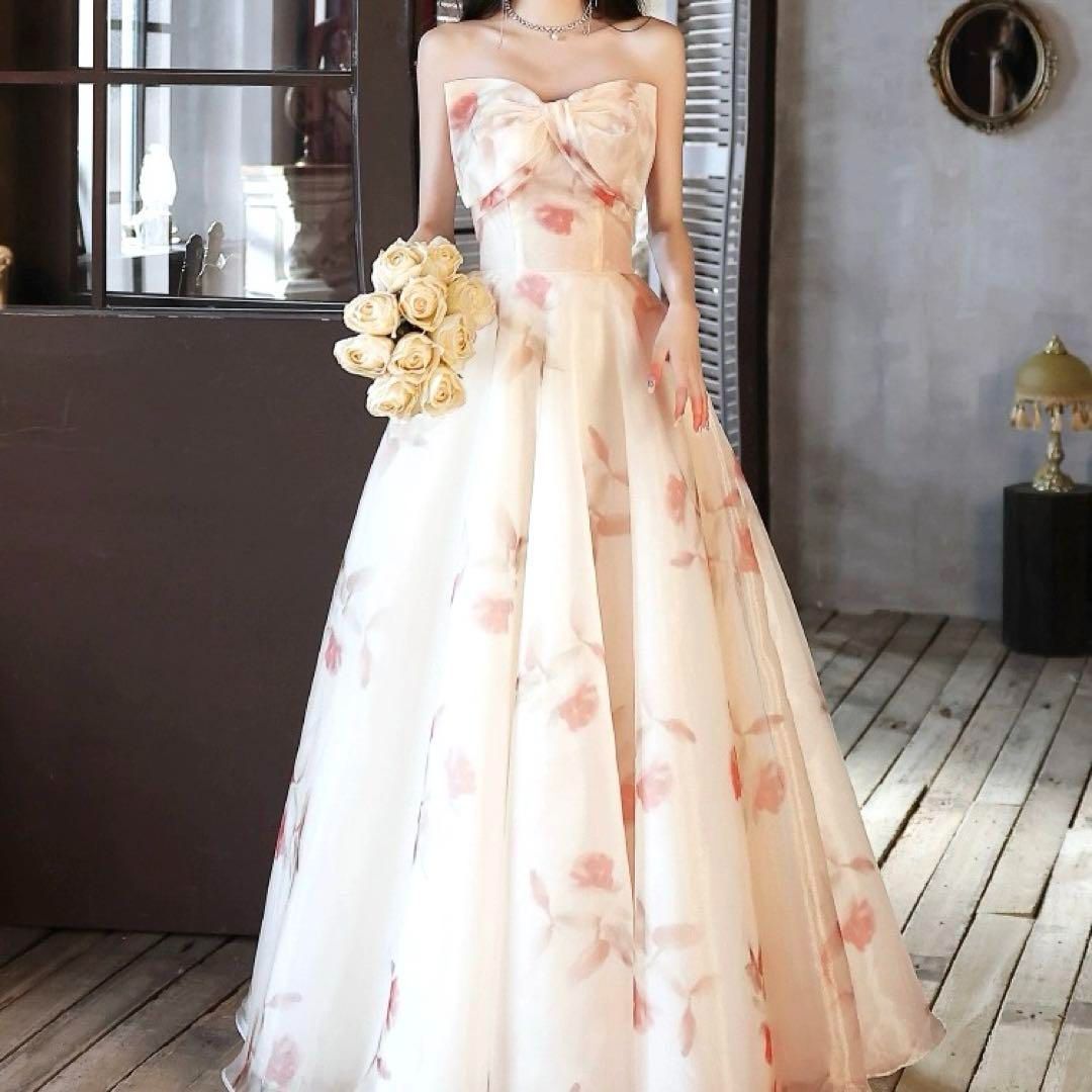花柄に胸元のリボンが ベアロングイブニングドレス?.?
