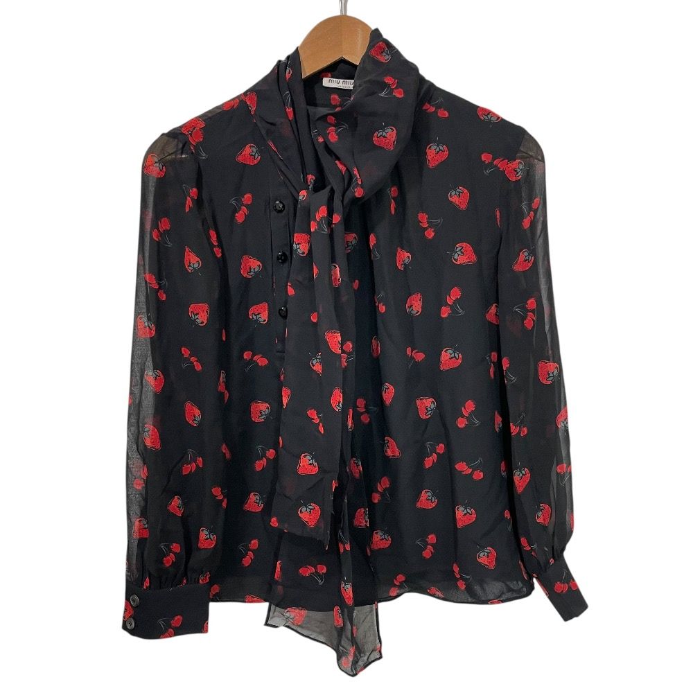美品 miumiu ミュウミュウ イチゴ柄 シルク100％ 長袖 シアー ボウタイ