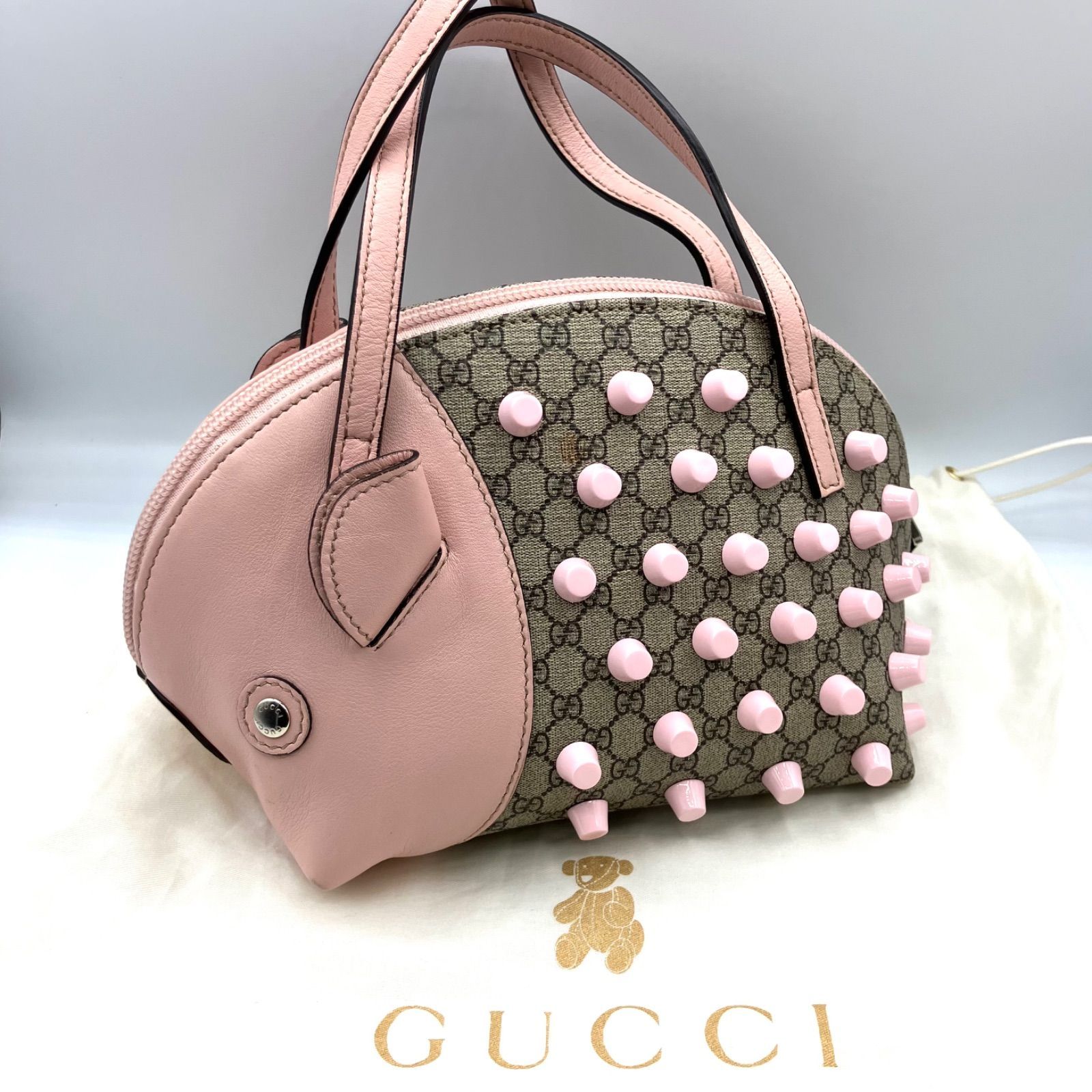 鑑定済み 正規品 グッチ GUCCI GGスプリーム チルドレンズ アニマル ハンドバッグ ハリネズミ ピンク ベージュ スタッズ 動物