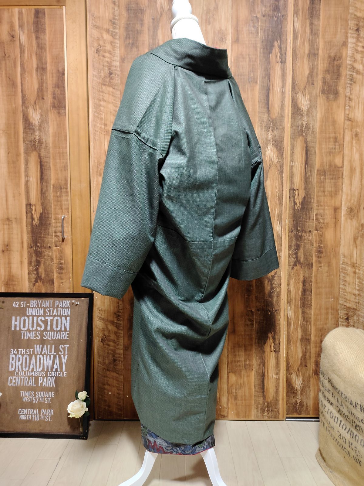 正絹(ウール混)男着物リメイク へちま襟着物コート～緑～ - メルカリShops