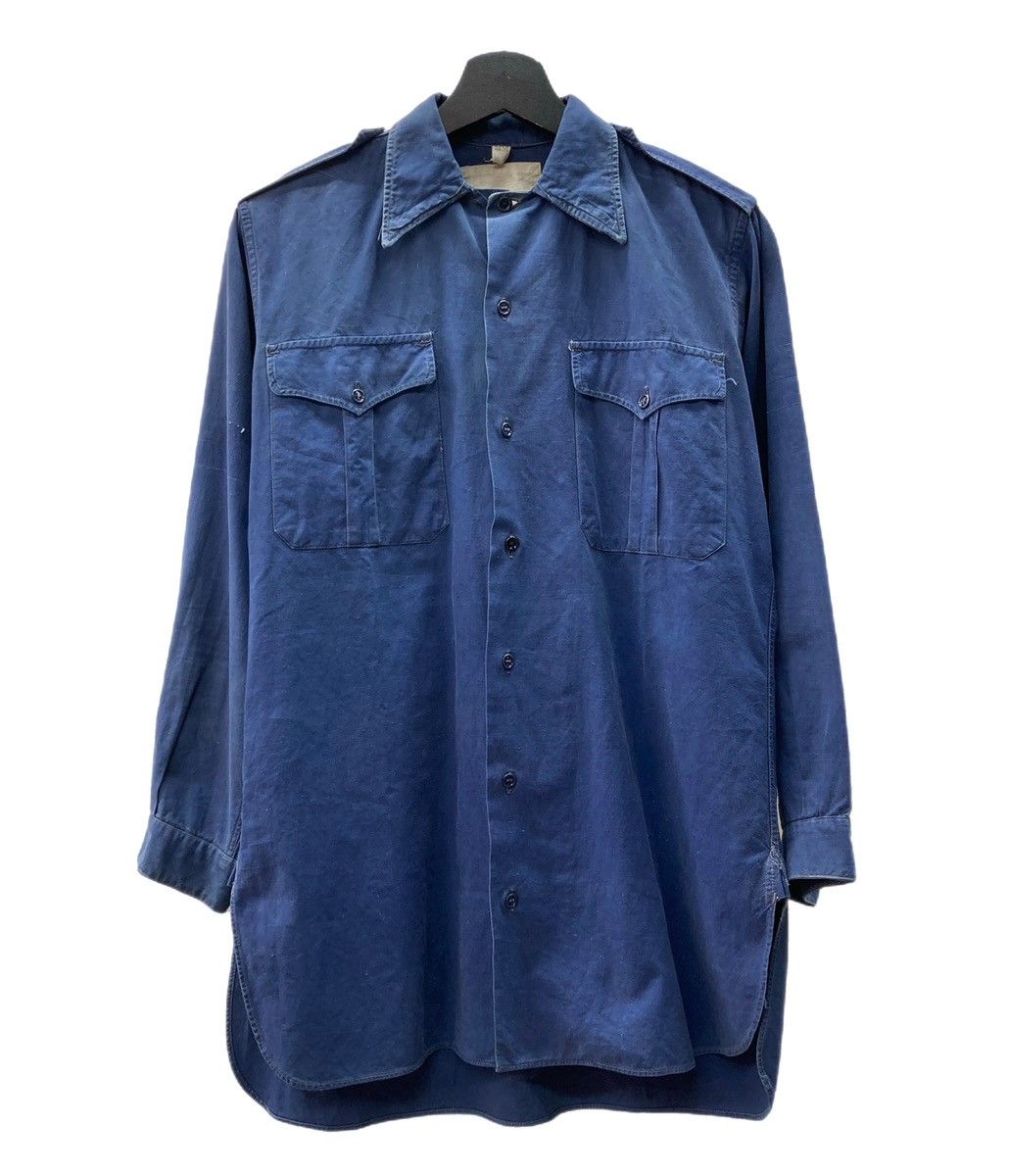ミリタリー Military 40s 50s French Army Metis M-45 フランス軍 フレンチ メティス サファリ ワーク シャツ Vintage ヴィンテージ 紺 青 長袖シャツ 無地 ブルー Mサイズ 104MT-1371