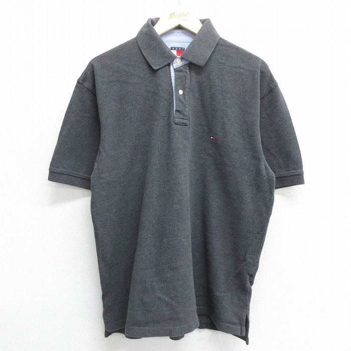 XL/古着 トミーヒルフィガー 半袖 ブラント ポロ シャツ メンズ 90s ワンポイントロゴ 鹿の子 コットン 濃グレー 霜降り 24apr06 中古 トッ