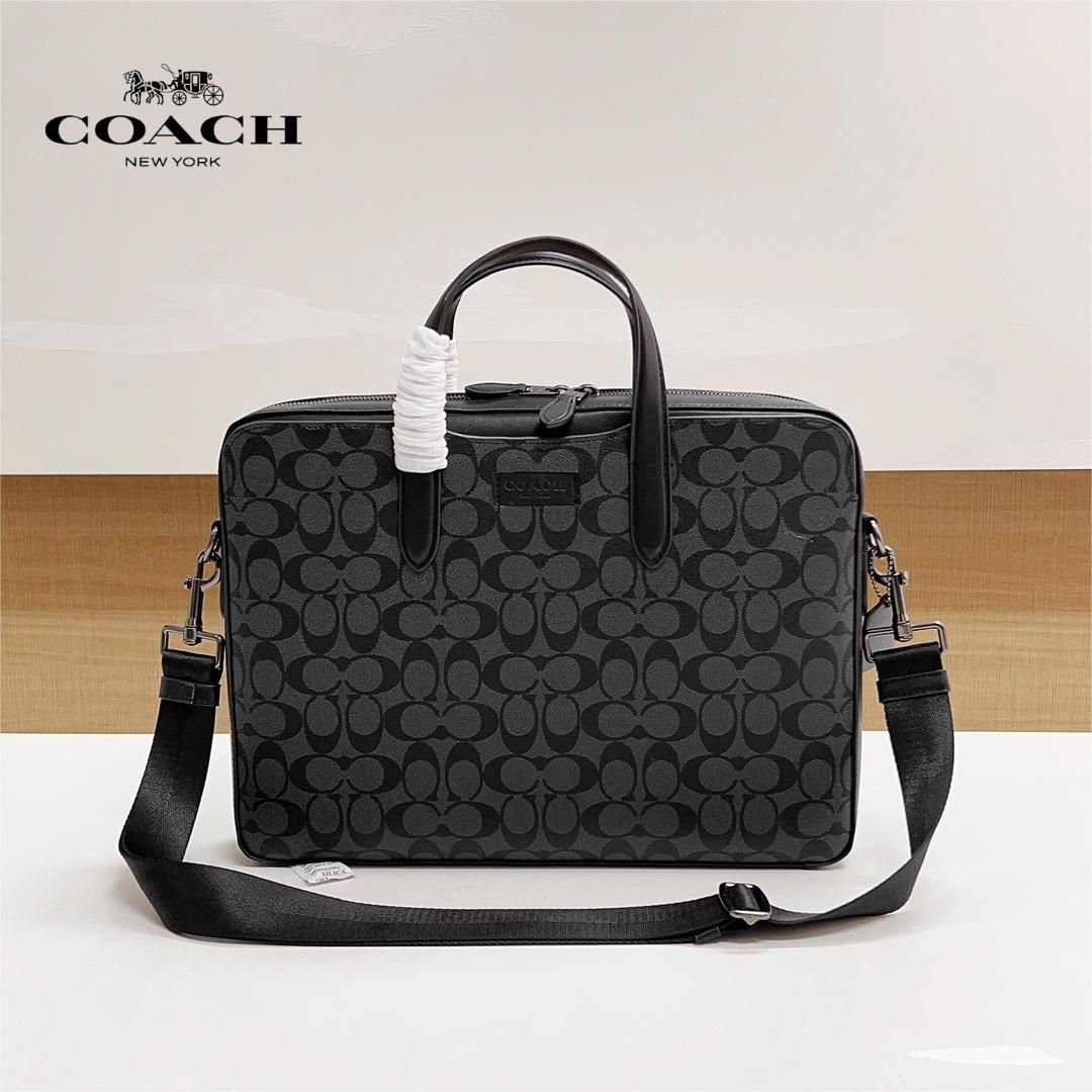 COACH C2837 コーチ  ビジネスバッグ メンズ シグネチャー ハンドバッグ 2WAY ブリーフ ショルダーバッグ 大容量 通勤 アウトレット品 チャコール×ブラック