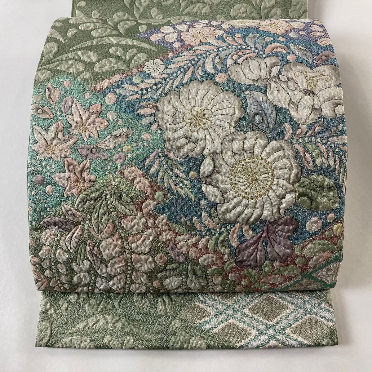 B4 美品 すくい織 唐花 金糸 キラキラ 太鼓 正絹 薄物 夏用 絽 紗 袋帯 B4 美品 すくい織 唐花 金糸 キラキラ 太鼓 正絹 薄物 夏用 絽