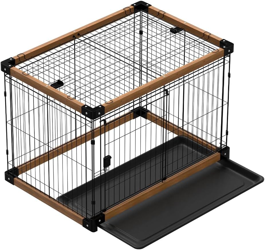 MEASUNM 犬ケージ 木製犬ケージ 犬サークル ペットケージ 折りたたみ 屋根付き トレー付き 掃除簡単 ブラウン 幅76.5x奥行55x高さ60cm
