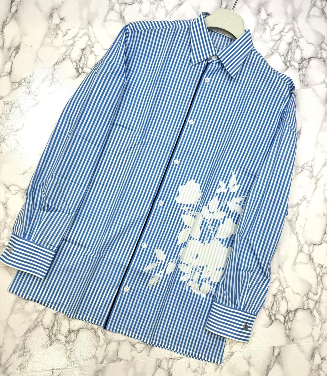 [Used] HERMES (Hermes) shirt stripe pattern celia button flower print men's clothing long sleeve shirt blue