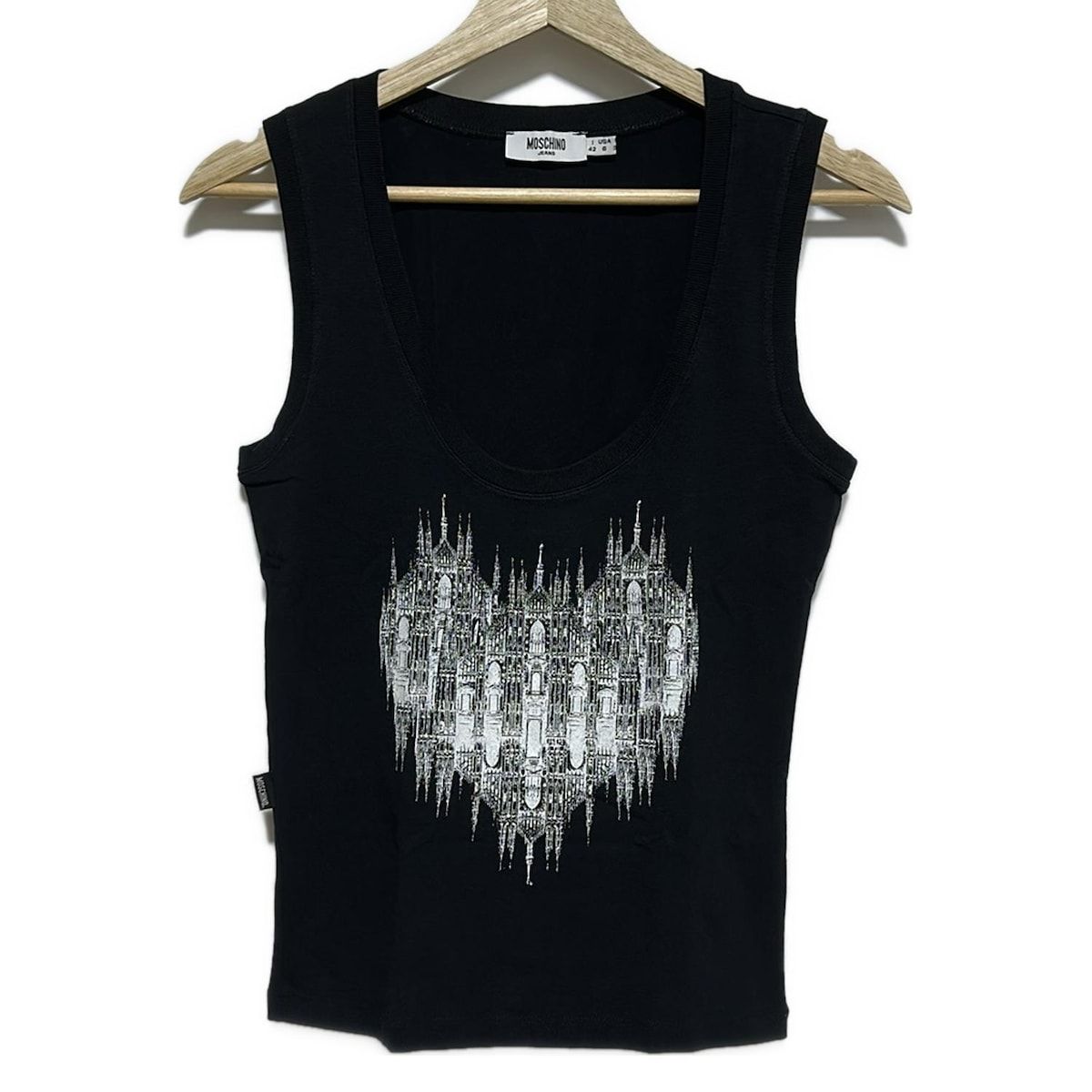 MOSCHINO モスキーノ ノースリーブTシャツ サイズ42 I M レディース - 黒×白 JEANS|ラインストーン