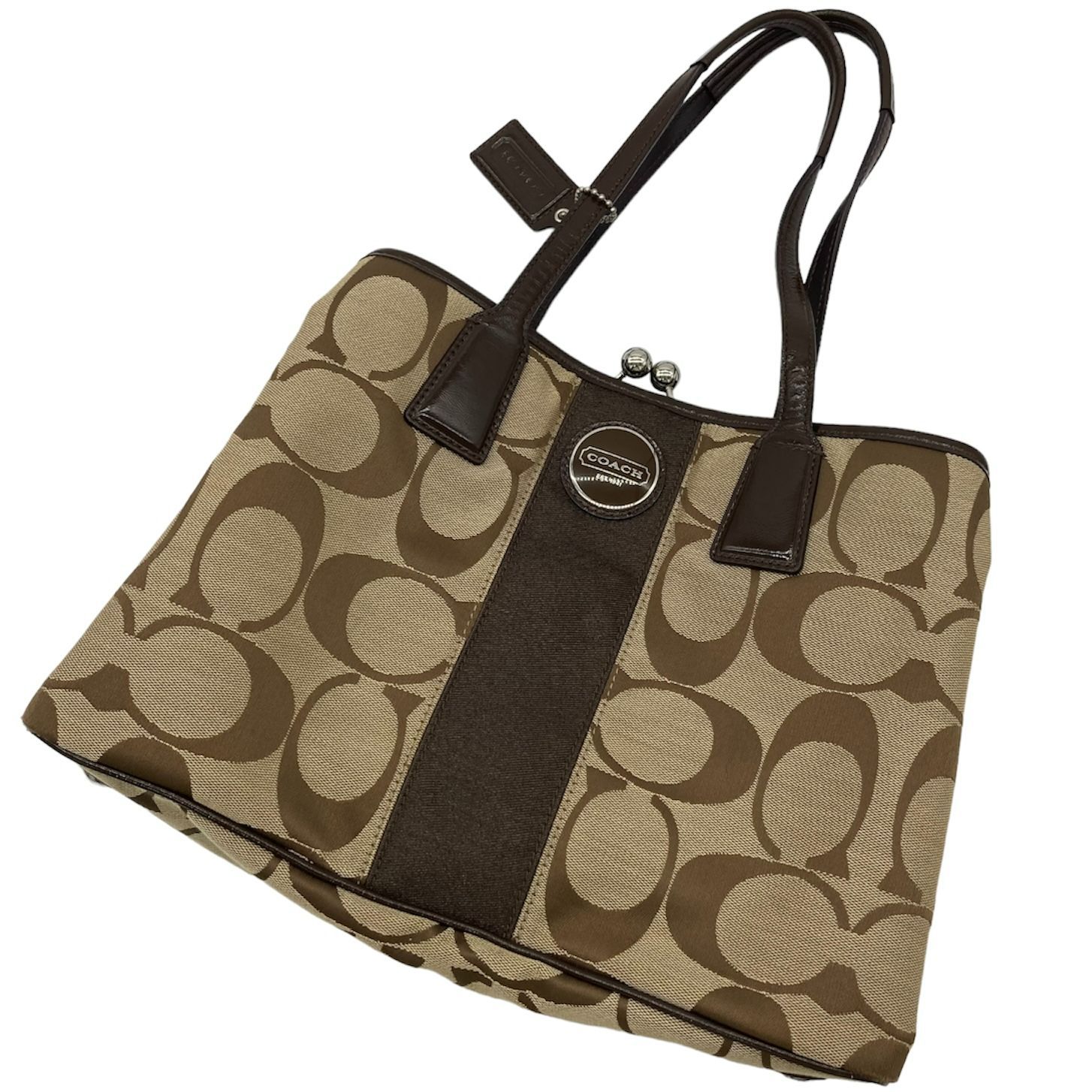 美品 COACH トートバッグ シグネチャー キャンバス ブラウン F13533 美 