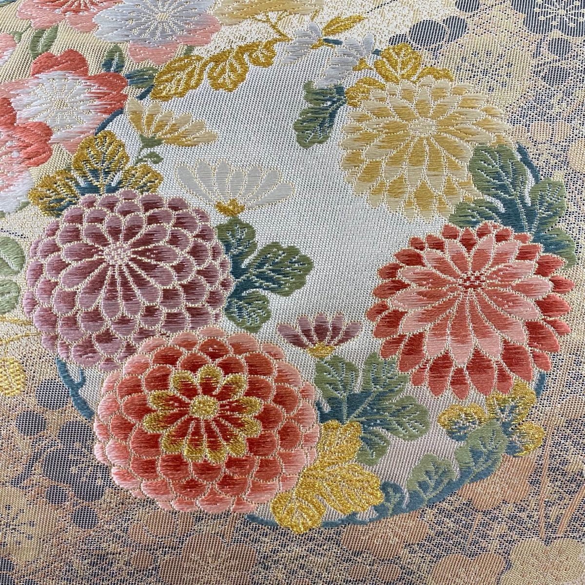 袋帯 秀品 花丸文 華文 箔 唐織 ベージュ 六通 正絹 【】 【公式通販】