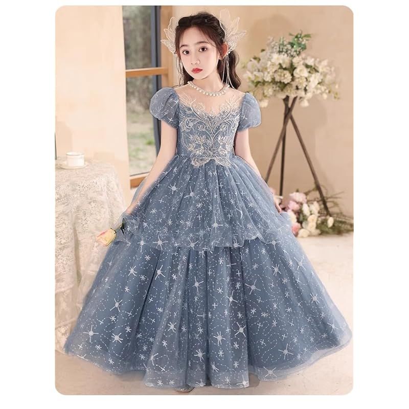子供 ドレス パーディー コンクール プレゼント刺繍 上品 卒業式 発表会 女の子 フォーマル ロングドレス キッズ ジュニア ピアノ 演奏会 結婚式 120-170 ブルー 150