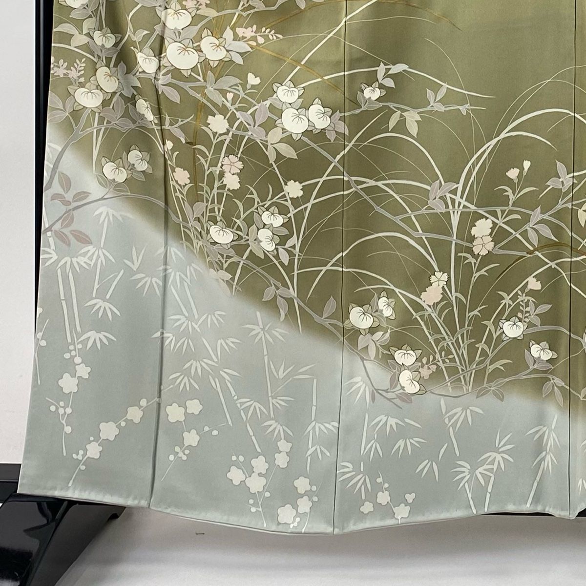 訪問着 身丈161cm 裄丈62.5cm S 袷 橘花 竹 金糸 金彩 茶緑色 正絹 秀品 一つ紋