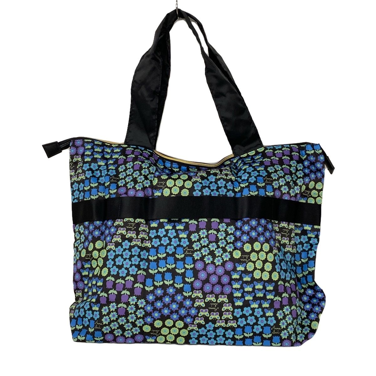 【美品】ANNA SUI アナスイ ハンドバッグ ブラウン 刺繍 レザー 花柄 トートバック 革 茶色 紫 可愛い 手提げ 鞄