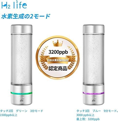 シルバー H2Life 水素水ボトル 水素水生成器 ポータブル水素水ボトル 超高濃度 水素水生成時間 ３分1500ppb 9分3200ppb  日本水素水振興協会認定商品 携帯に便利なコンパクト設計 旅行 キャンプ スポーツ観戦 トレーニング マラソン フィッ - メルカリ