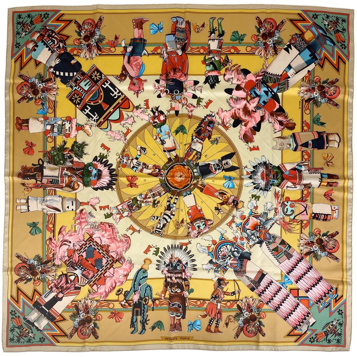エルメス HERMES カレ 90 Kachinas カチナ 民族 スカーフ シルク イエロー マルチ レディース