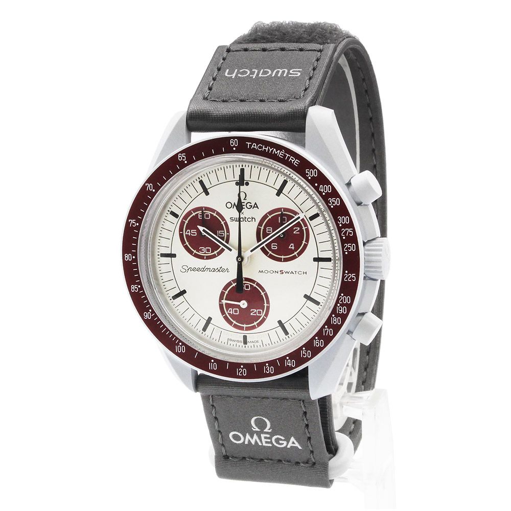 オメガ スウォッチ Swatch ミッション トゥ プルート スピードマスター ムーンスウォッチ クロノグラフ クォーツ 腕時計 ナイロン バイオセラミック ホワイト グレー ボルドー 白 SO33M101 OMEGA