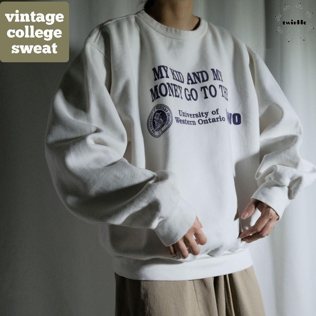 80s 90s カナダ製 カレッジプリントスウェット トレーナー UWO オンタリオ大学 ホワイト 白 メンズ XL