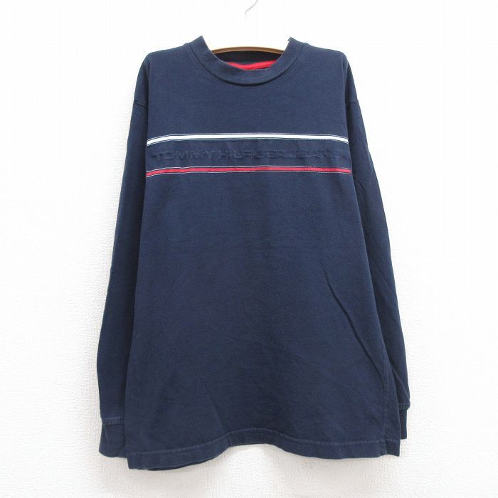 古着 トミーヒルフィガー 長袖 ブランド Tシャツ キッズ ボーイズ 子供服 キッズ 90s ビッグロゴ コットン クルーネック 紺 ネイビー 23sep