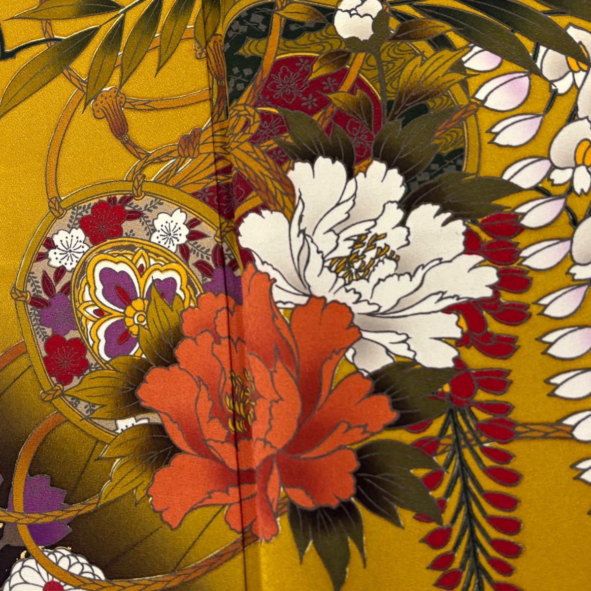 振袖 身丈162cm 裄丈66cm M 袷 鼓 草花 金彩 染め分け 山吹茶色