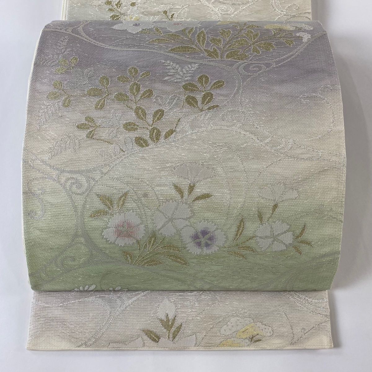 袋帯 美品 名品 夏帯 秋草 流水 金糸 箔 薄緑 六通 正絹 【】