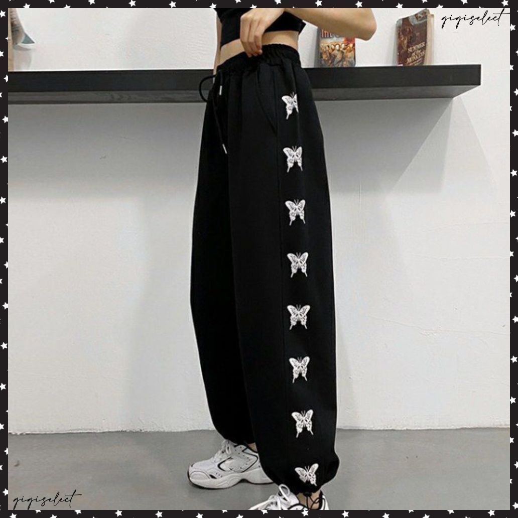 スウェットパンツ サイドバタフライロングパンツ レディース 韓国 サイドライン ドローストリング ジャージ 蝶々 ハイウエスト ワイドパンツ ゆったりストレートパンツ黒 裾ストリングパ