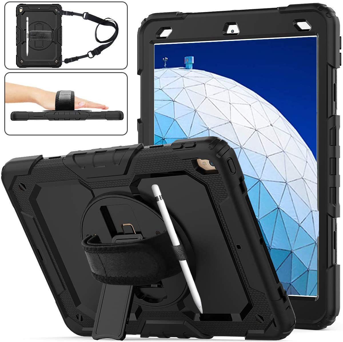 数量 ブラック 現場 自宅用 実用 持ち歩け楽 耐衝撃 頑丈 ペン収納 ハンドストラップ付き ショルダーストラップ スタンド 保護フィルム 2019 ケース 第3世代 Air iPad 2017 10 5 Pro Her