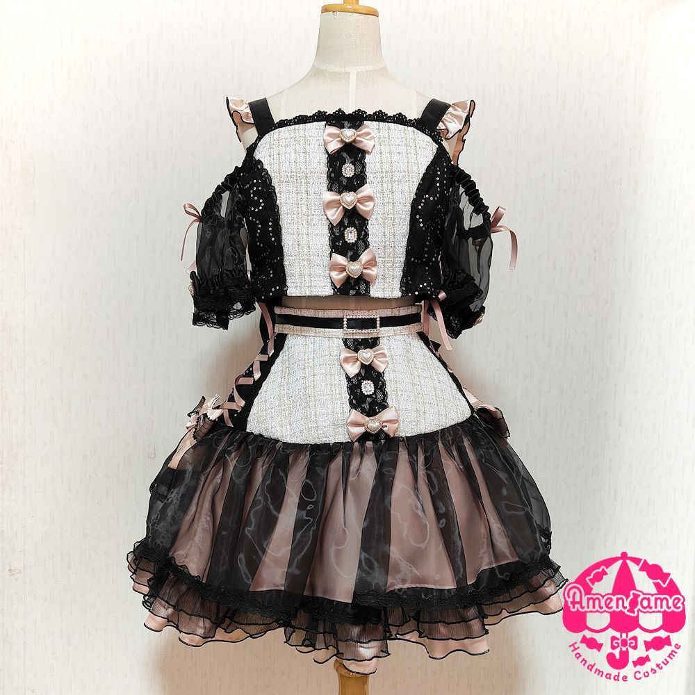 アイドル衣装 ピンク×黒 編み上げリボン オリジナル