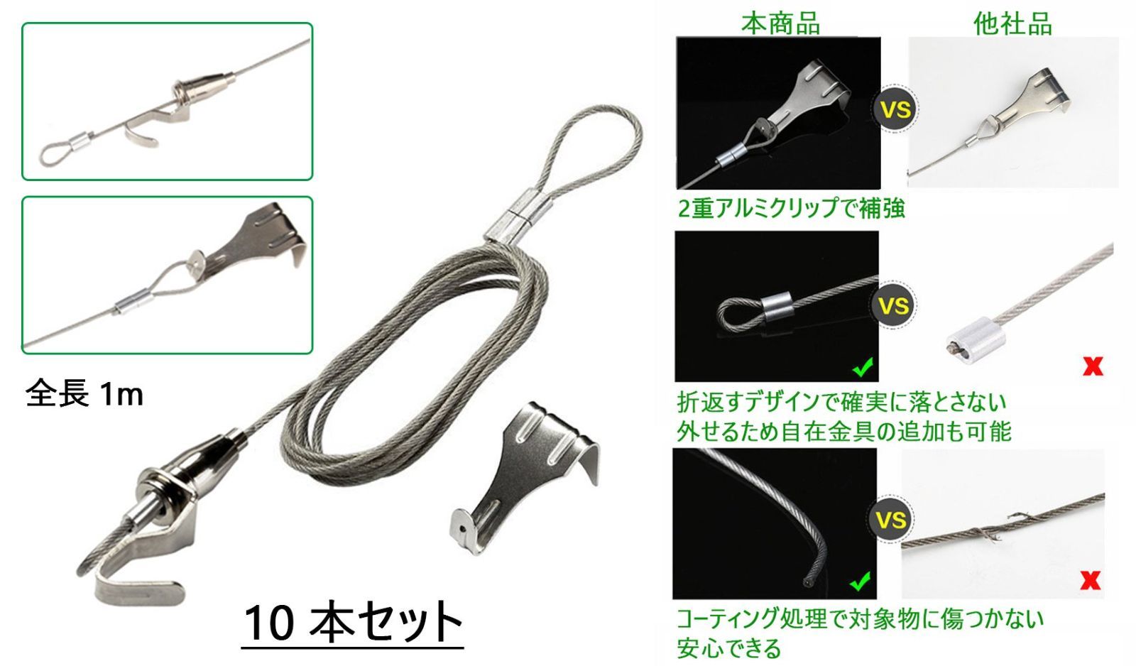 新着商品】コーティング 展示用 ステンレス 10本セット 調節自在 フック 額受 ワイヤー 金具 ピクチャーレール (1m) INIBUD メルカリ