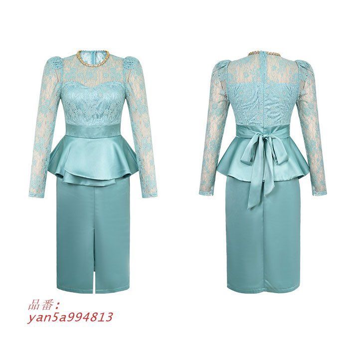 膝丈ペプラムタイトスカートドレスワンピース 水色