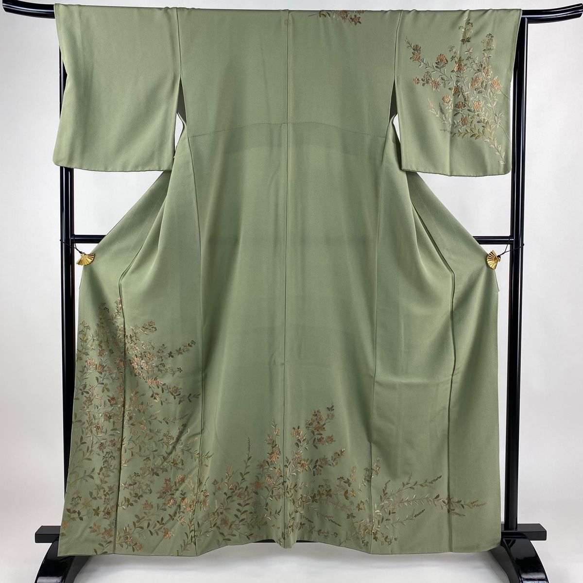 訪問着 身丈161.5cm 裄丈66.5cm M 袷 枝花 草花 刺繍 金糸 灰緑 正絹 名品 一つ紋