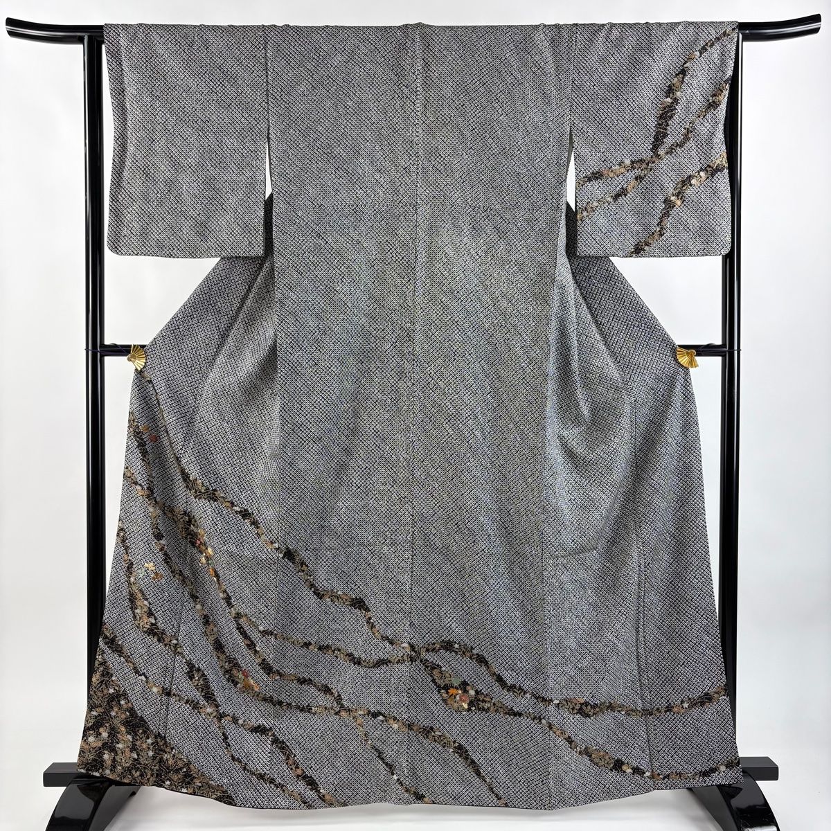 訪問着 身丈162.5cm 裄丈64.5cm M 袷 秋草 刺繍 総絞り 黒 正絹 秀品