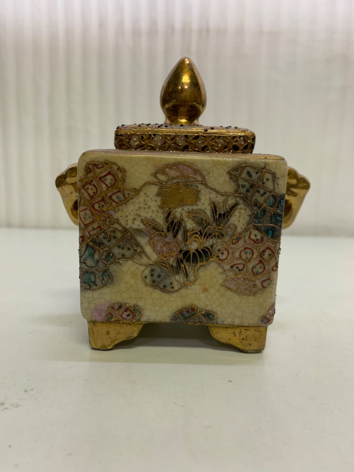 薩摩焼 金襴手 四方香炉 金彩 香炉 金彩丸十字 茶道具 香道具 香合