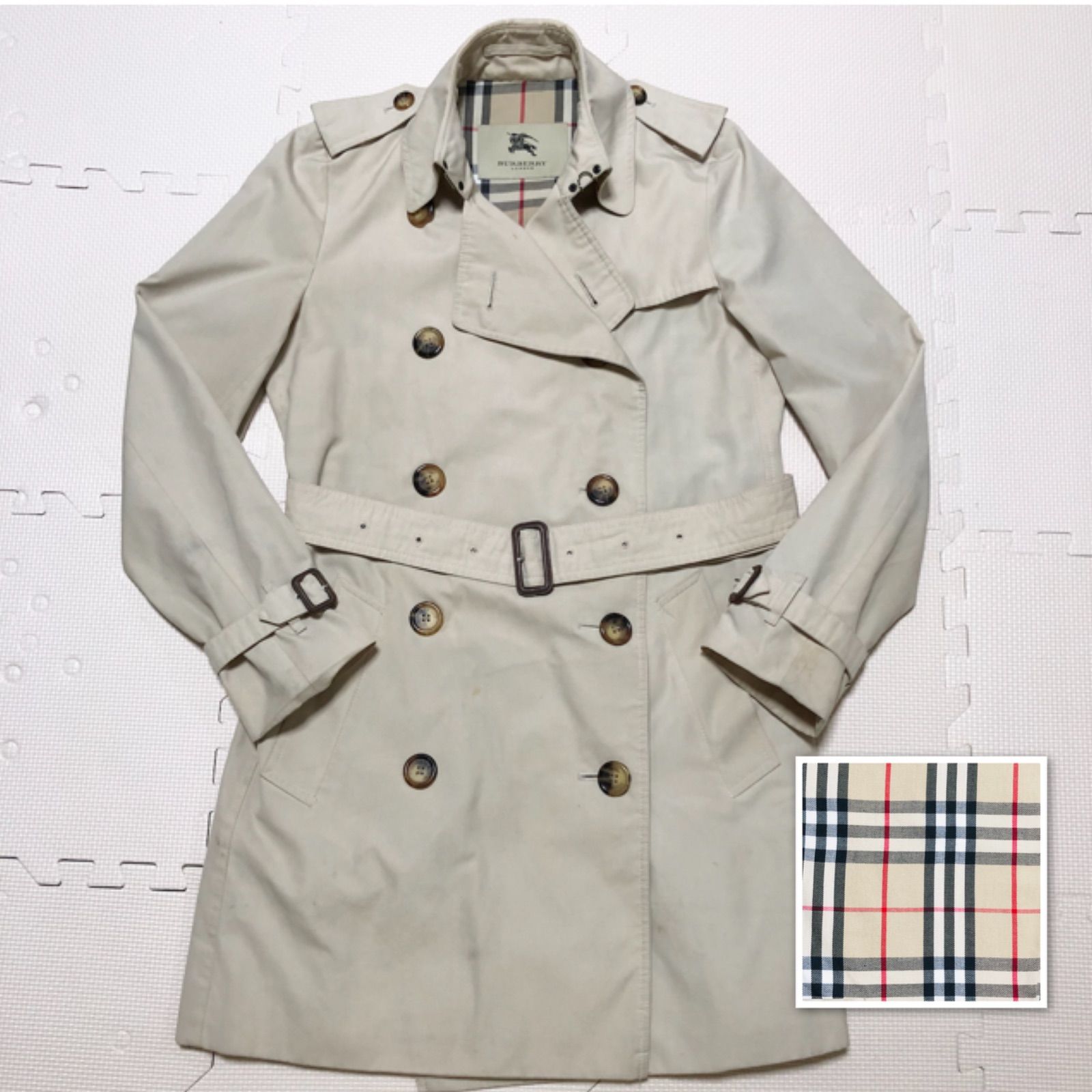 □希少本国タグ□BURBERRY LONDON バーバリーロンドン ダブルトレンチコート ベージュ×裏地総ノバチェック size8R(サイズM相当)  ロゴ水牛ボタン ベルト付き ベルテッド エポーレット レディース - メルカリ