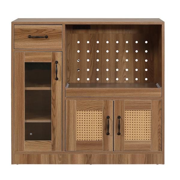 キッチンカウンター 食器棚 キッチンキャビネット レンジ台 キッチン収納 幅88cm ラタン調 引き出し付き 扉付き スライドレール ロータイプ キッチンラック MARWIL-DEMENAGEMENTS_CH