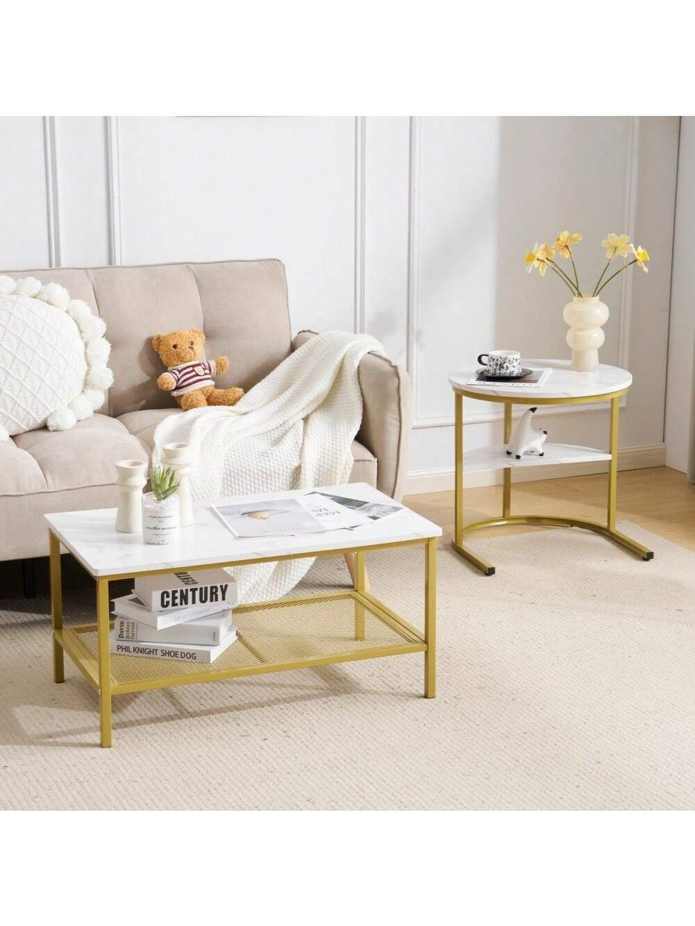 ネストテーブル 2点セット センターテーブル 丸＋長方形 北欧風 大理石