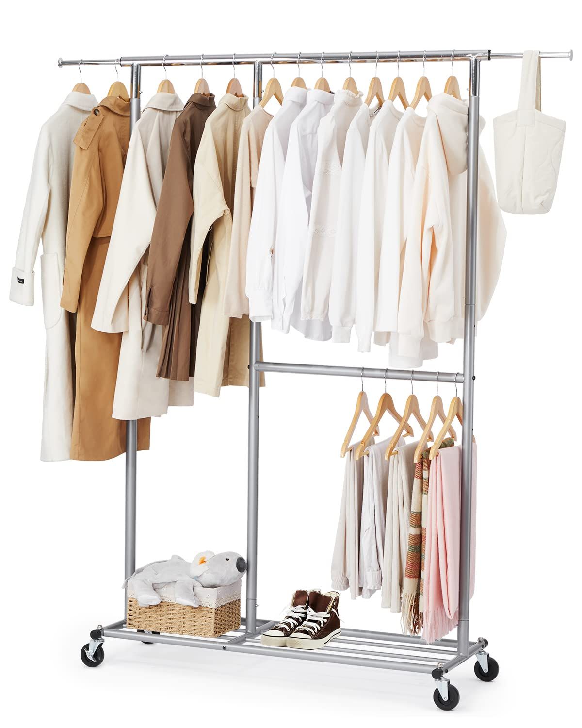 迅速発送 HOKEEPER ハンガーラック パイプハンガーラック 耐荷重150KG 業務用 大容量 収納ラック 物干し スタンド 洋服ハンガー 衣類収納 棚付き 縦横伸縮 高さ調節 シルバー