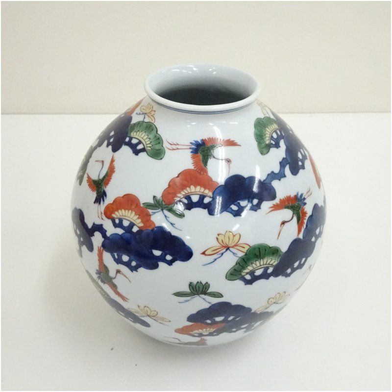 有田焼 源右衛門窯造 染錦松鶴花瓶 共箱 花器 おしゃれ かわいい アンティーク フラワーベース 華道 華道具 茶道具 茶道 生花 花入れ