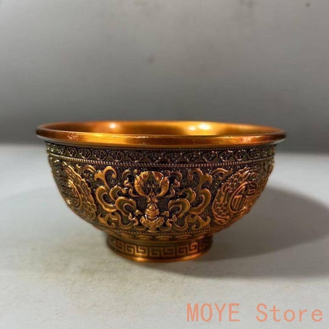 銅 細工 レリーフ金色福碗 茶碗 装飾品 工芸品 置物zw0829