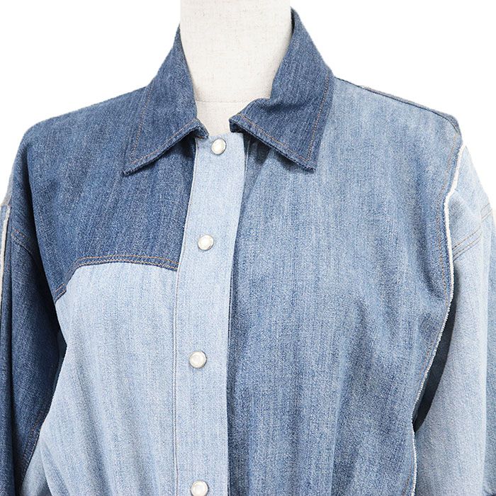 DOLCE-GABBANA ドルチェアンドガッバーナ デニムシャツワンピース パッチワーク ロゴ パッチ コットン ギャザー ドレス レディース サイズ 38 インディゴ 紺 イタリア製