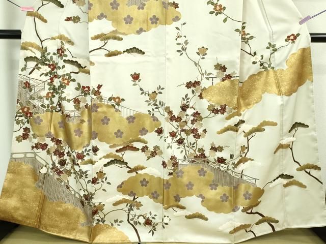 平和屋本店□極上 訪問着 駒刺繍 千八織 雲取り橘椿文 灰黄緑色地 本  