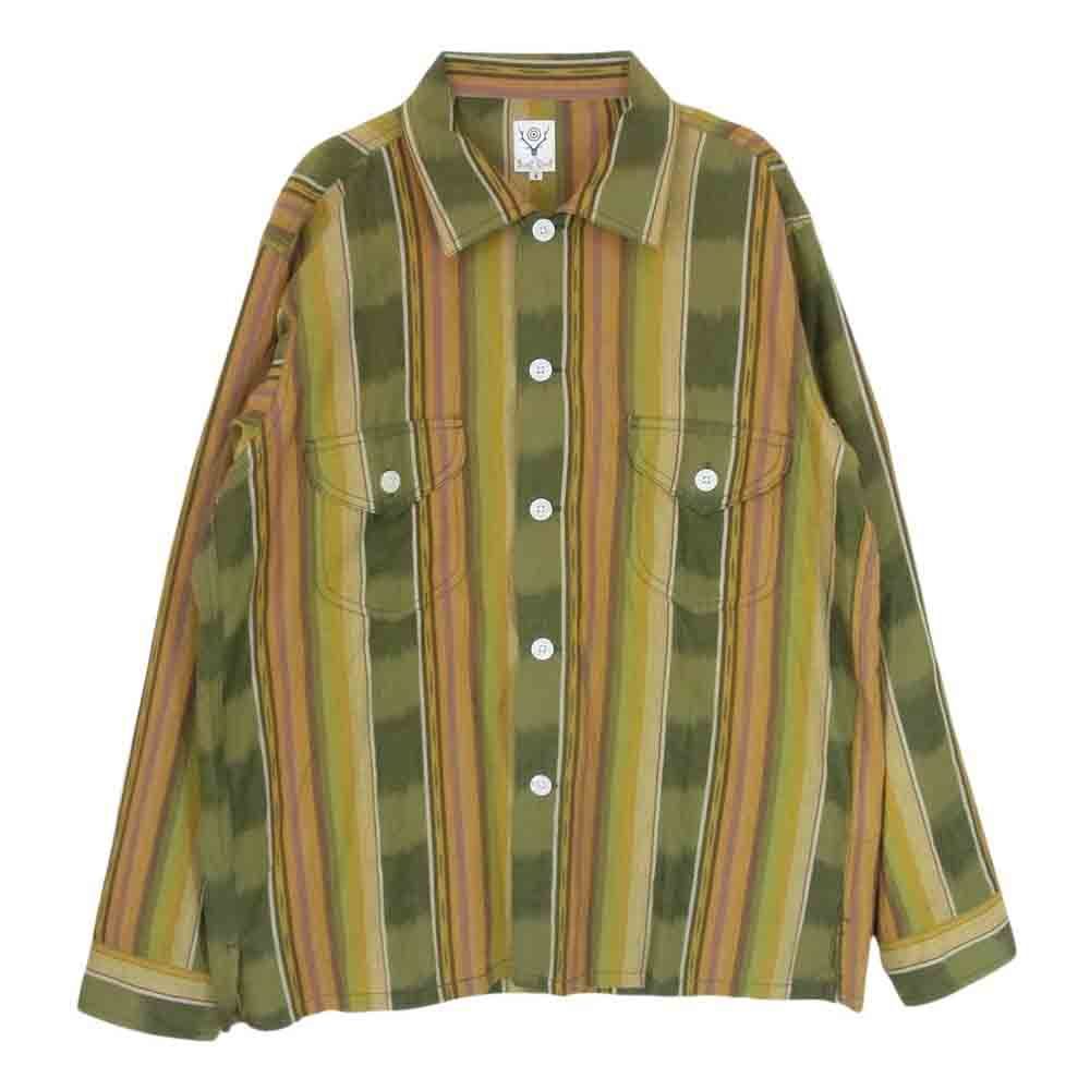 サウスツーウエストエイト SOUTH2 WEST8 GL831 Smokey Shirt Cotton Cloth Ikat Pattern エスニック マルチストライプ 長袖 シャツ カーキ系 S【中古】