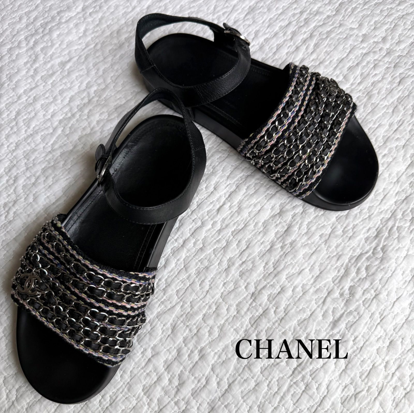 シャネル ココマーク チェーンサンダル レザー×ツイード 黒 ブラック 2016 CHANEL シャネル ココマーク チャーム 6連 チェーンサンダル