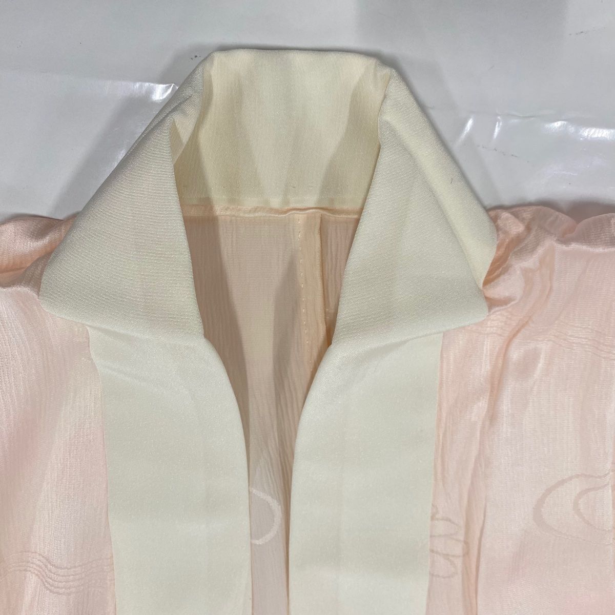 道中着 身丈132cm 裄丈67cm M 和装コート 着物衿 幾何学模様 青灰色  